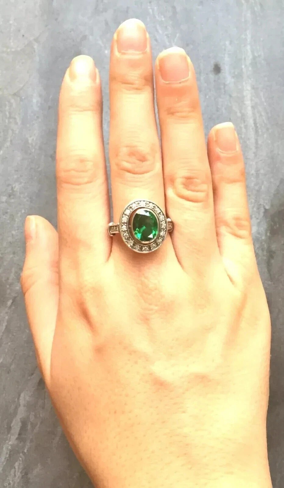 Art Deco Style Edwardian Lab Created Emerald Anniversary 14K White Gold FN Ring