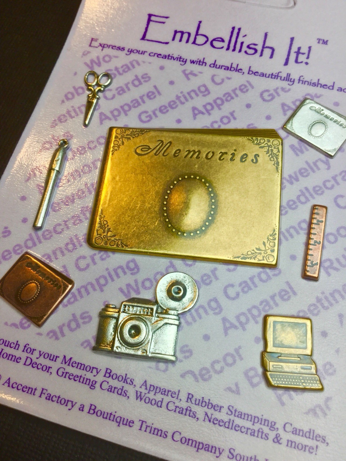 92337 8 Asst Scrapbook Findings Stamping Brass/Silver/Copper x 4 cards
