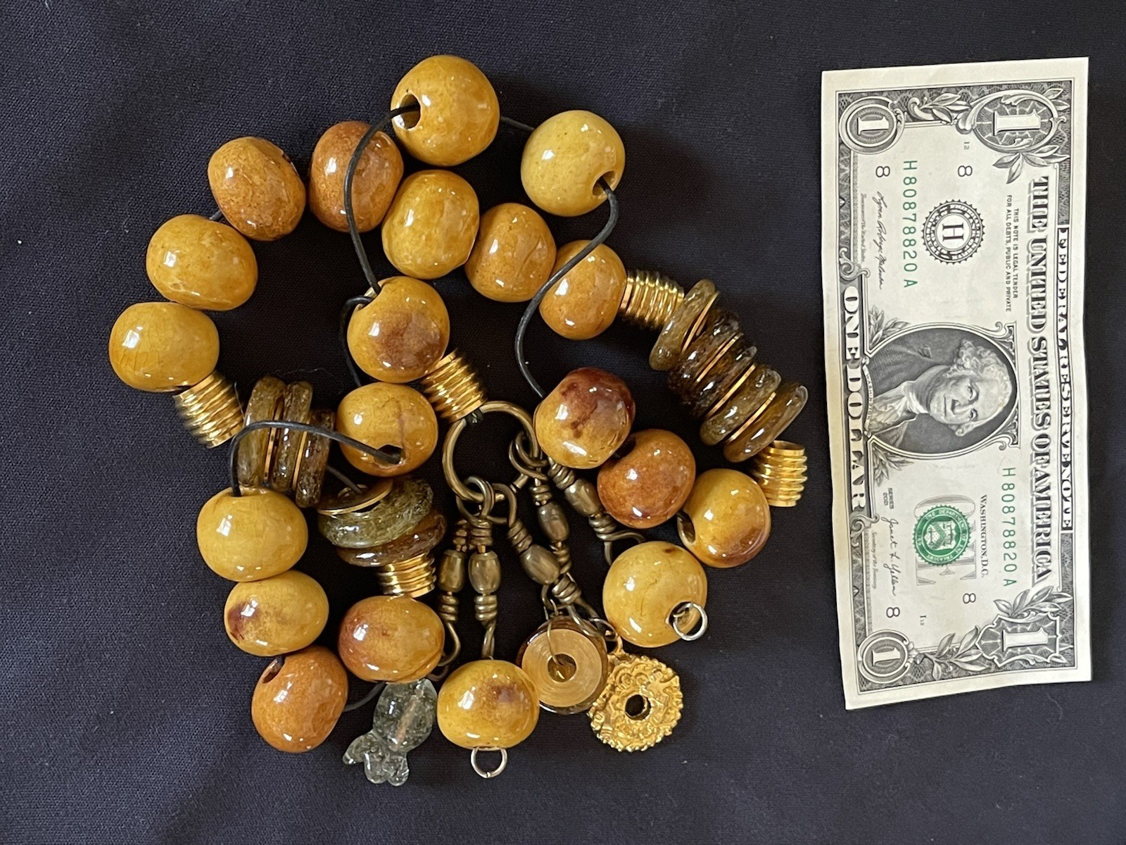 Variegated Honey Colored Egg Yolk Large Bead Tasseled Necklace Brass Spacers EXC