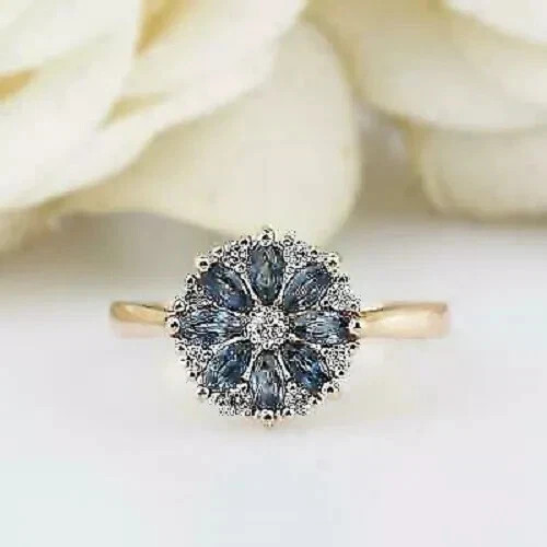 Art Deco Style Lab-Created Diamond & Sapphire Engagement 14K Rose Gold FN Ring