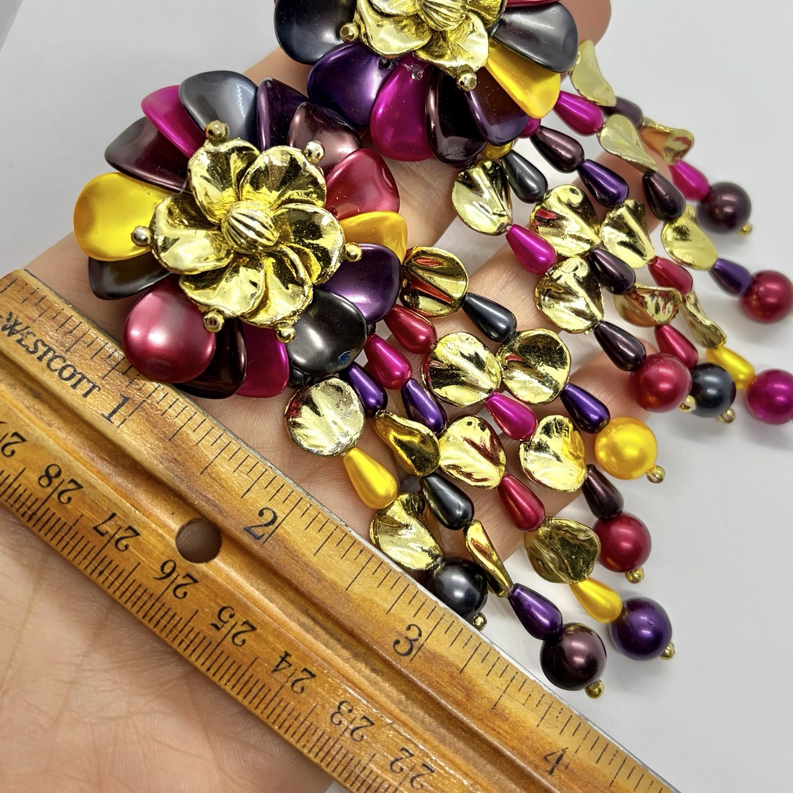 Vtg XL Runway Lucite Multicolor Chandelier Beaded Statement Earrings Clip-on Big