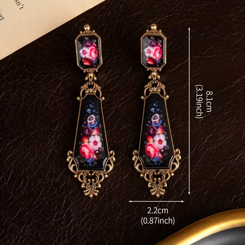 Vintage Floral Dangle Earrings Antique Gold Tone Pink Rose Statement Boho