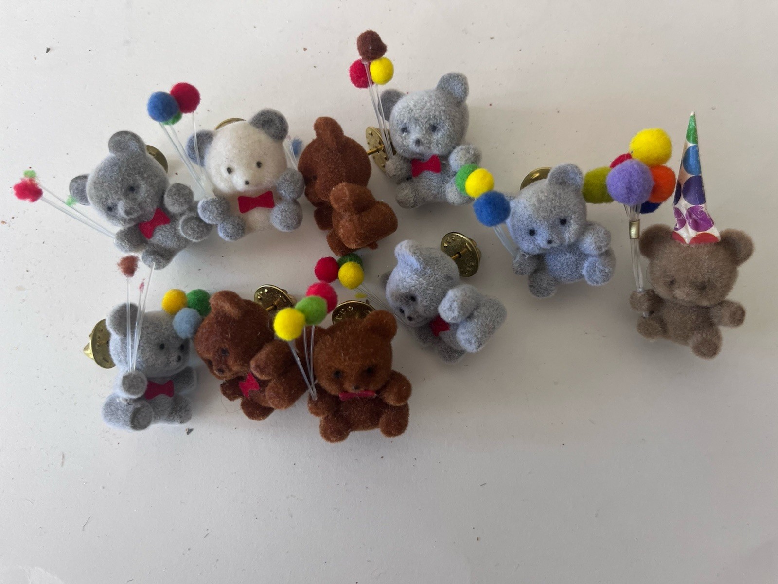 Vintage 1980s flocked teddy bear lapel pin brooch Set Of 10 Birthday Party Theme