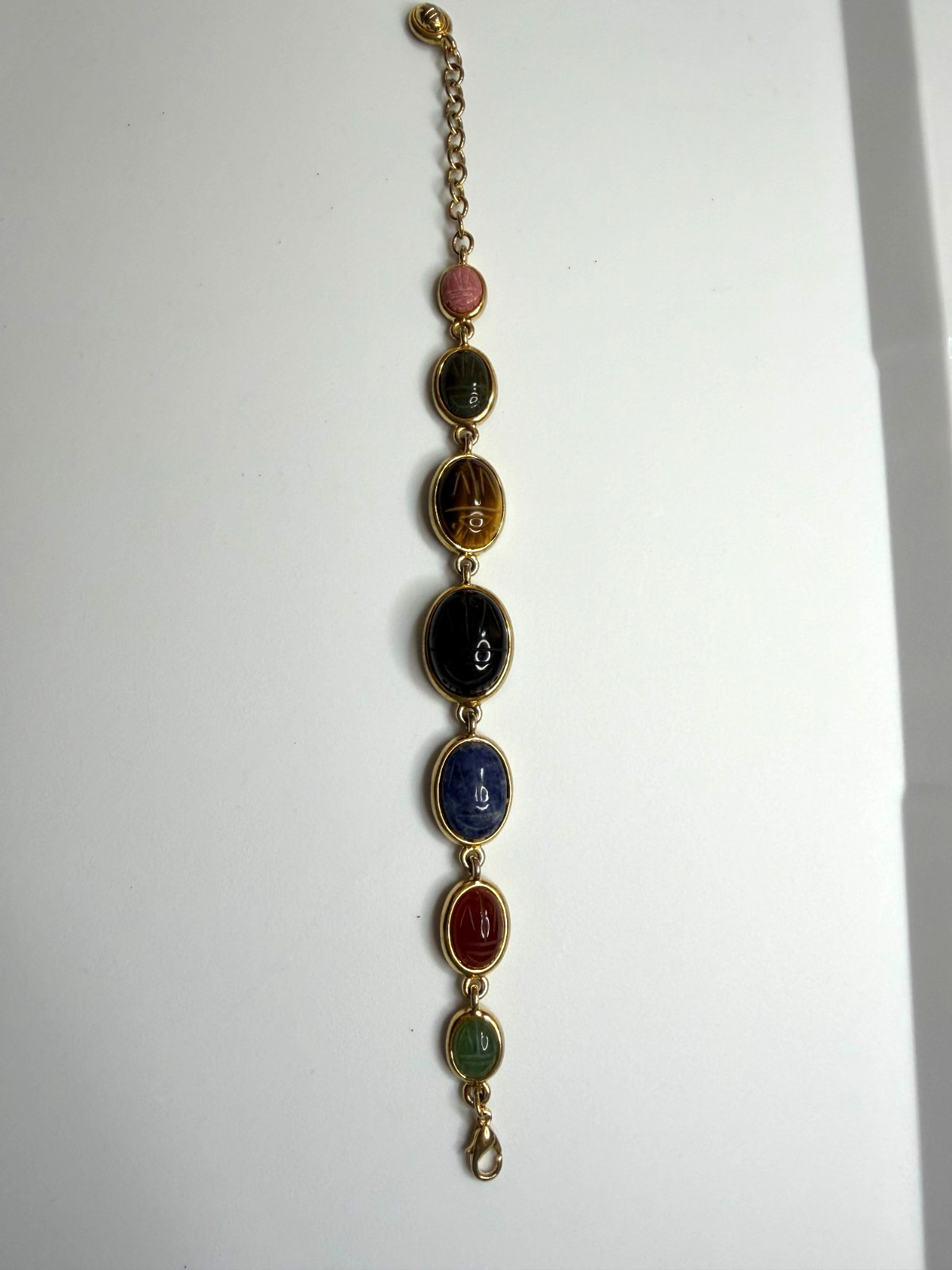 Vintage Multi Gemstone Egyptian Revival Scarab Link Bracelet Mid-Century Rainbow