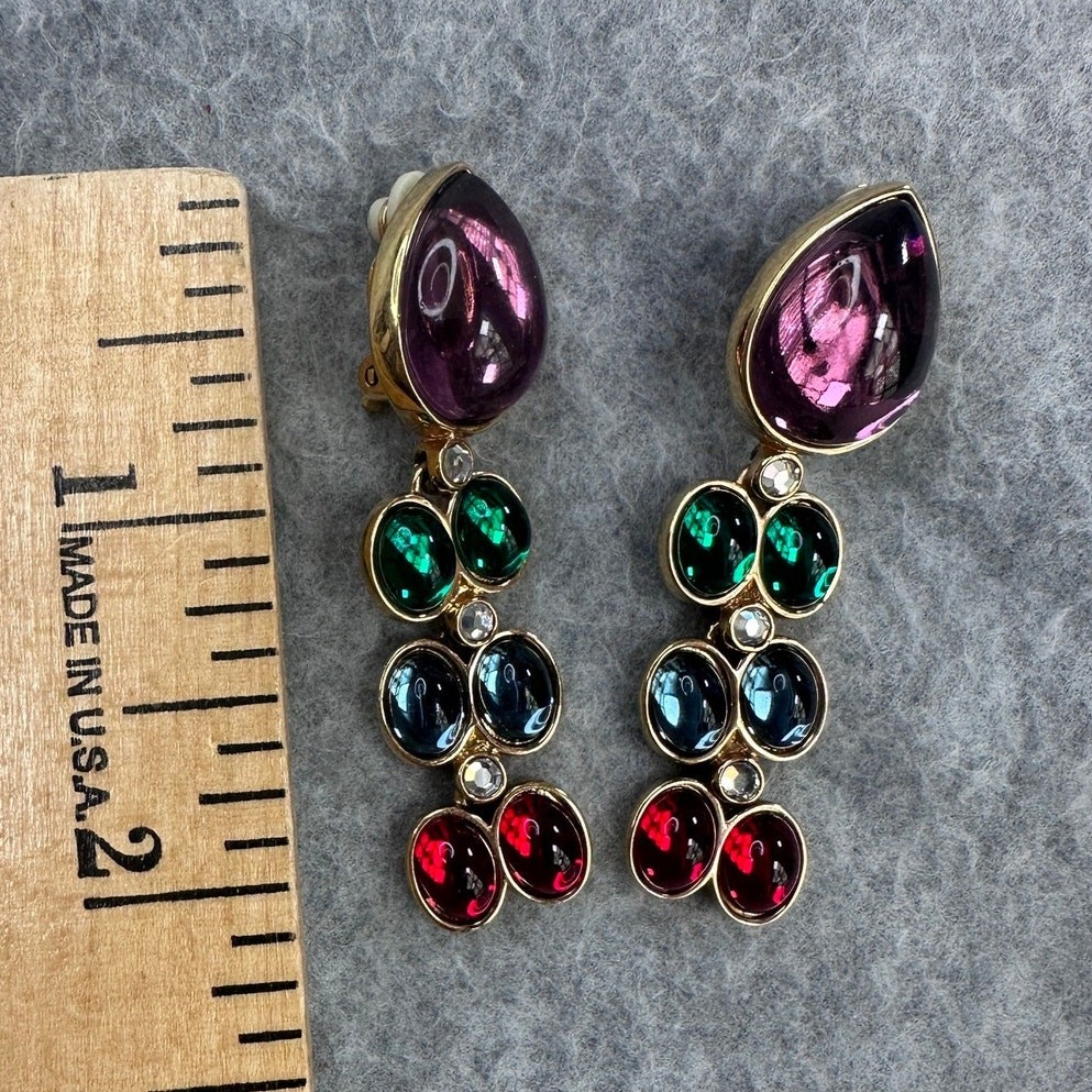 Swarovski Multicolor Crystal Cabochon Gold Drop Earrings Savvy 90s Vintage