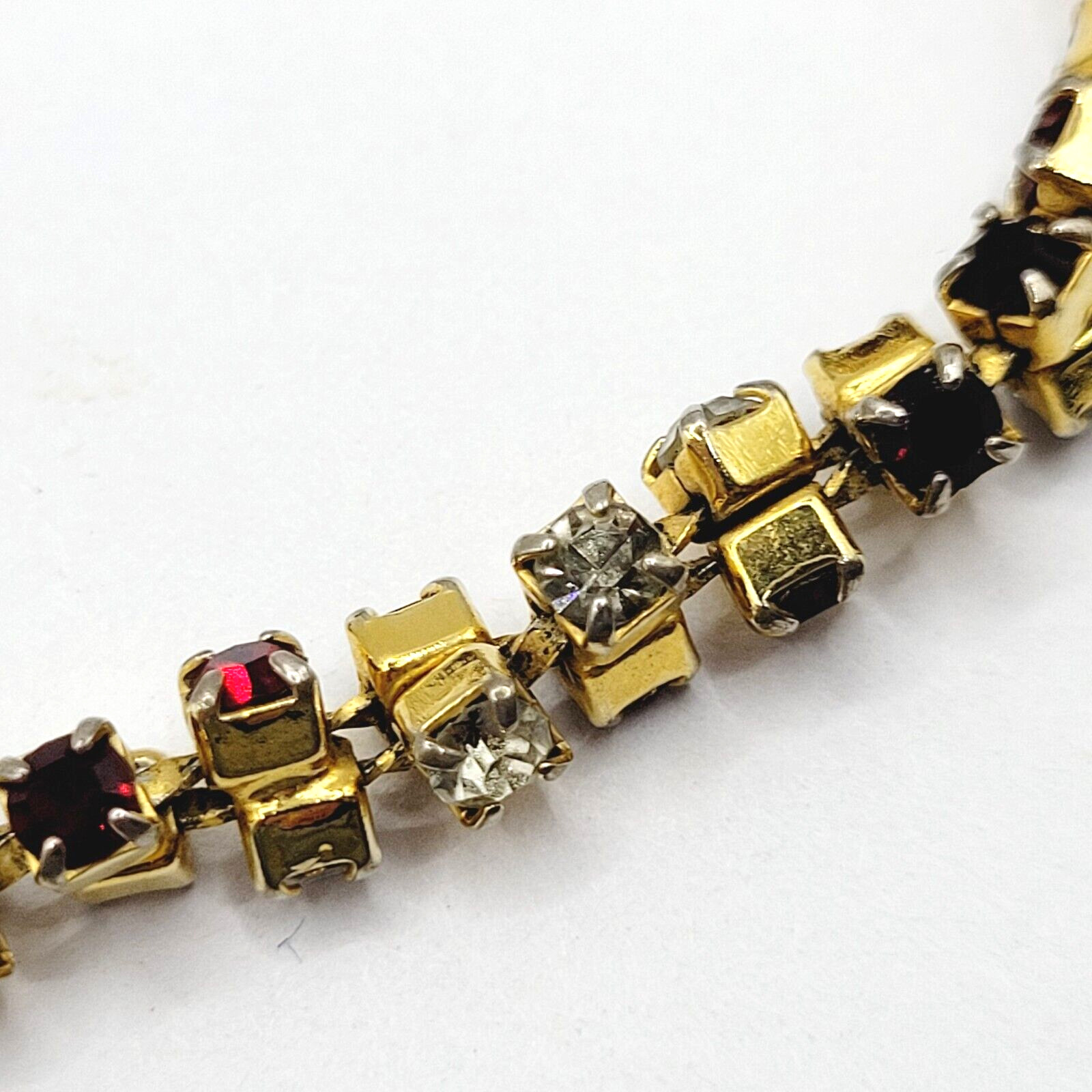 Unique Slightly Brutalist Style Gold Plated Bracelet Red White Rhinestone 7.5 In