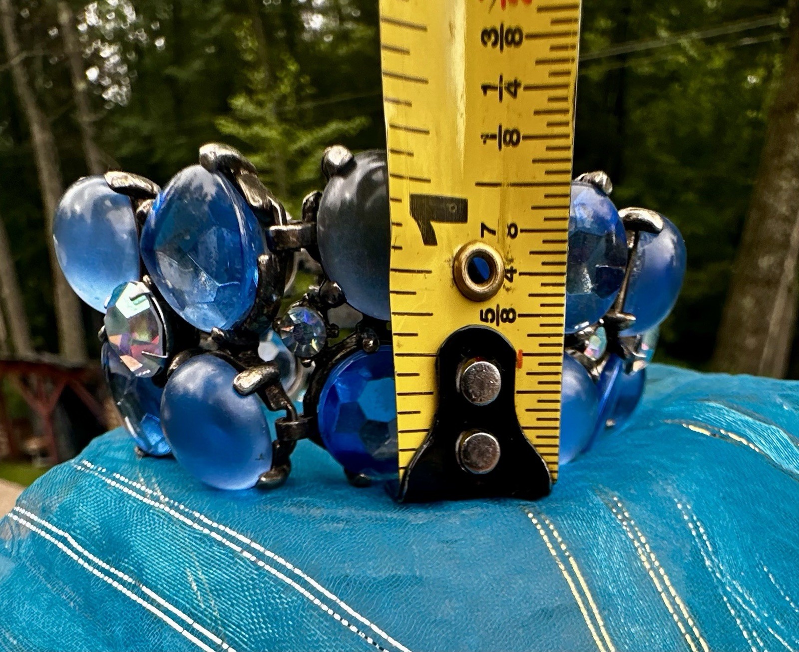 Vintage 7” Blue Rhinestone & Cabochon Stones Large Floral 5 Flowers Bracelet