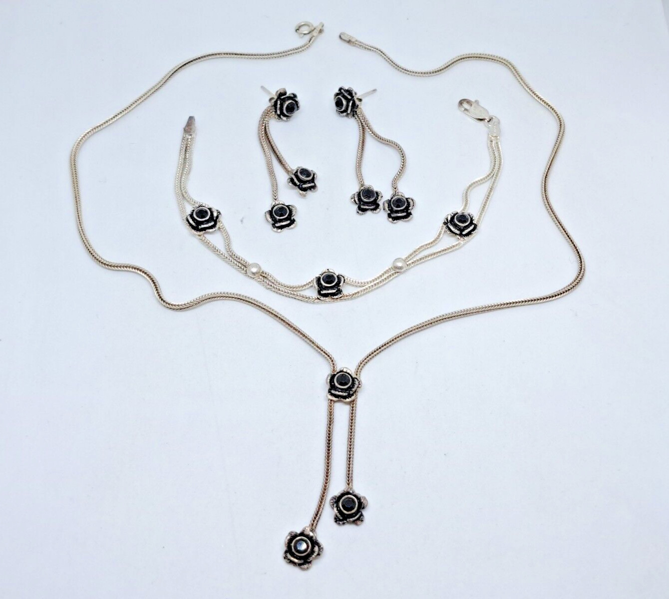Vintage Set Necklace, Stud Earrings and Bracelet 925 Black Rose Ideal Gift
