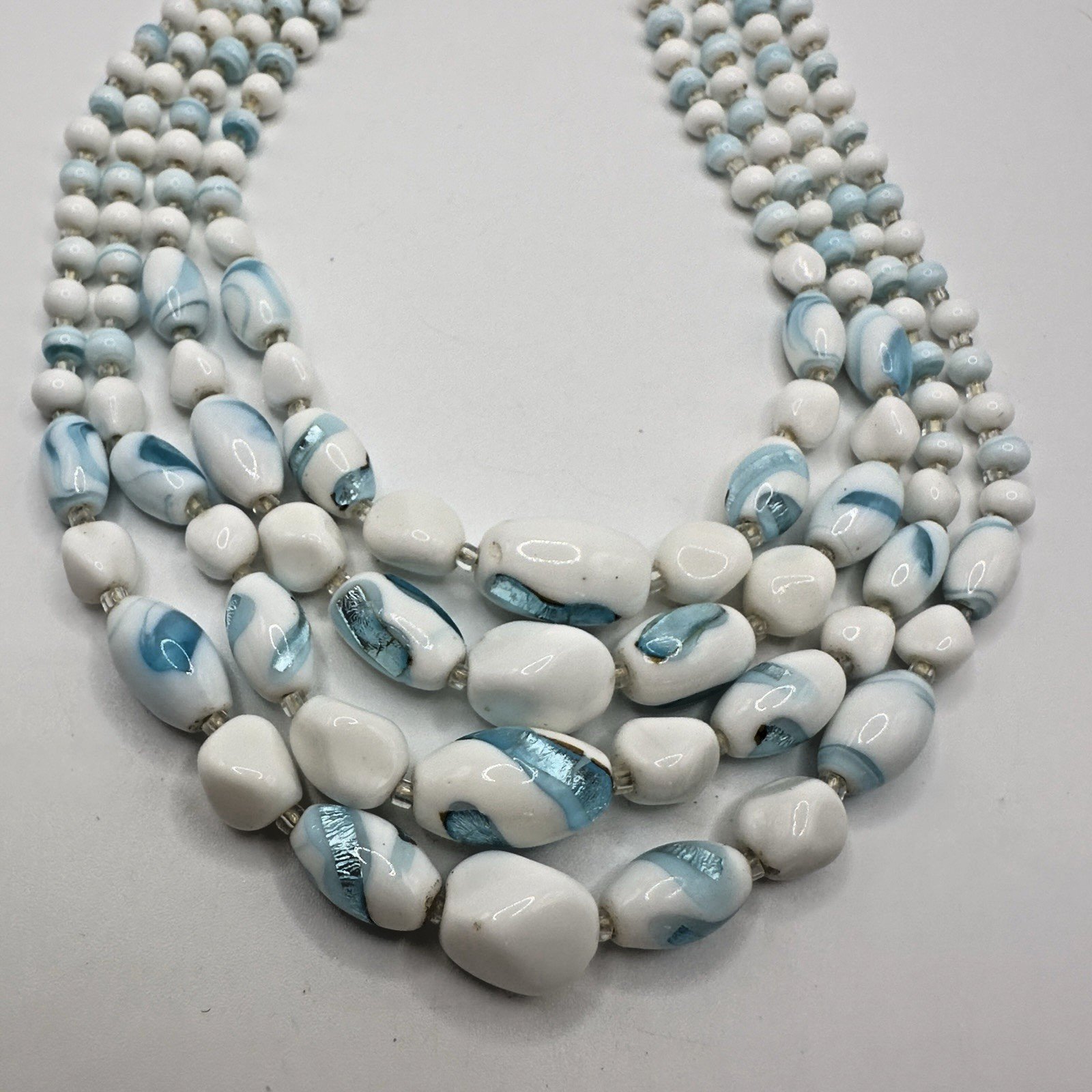 Vintage Multi 4 Strand Necklace Blue White Art Glass Beaded 17″ Choker Bib Japan