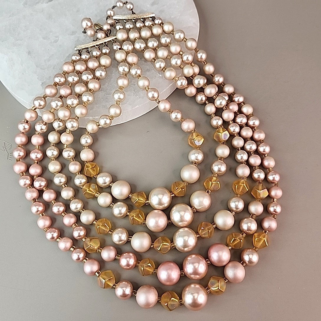 Vintage Faux Pearl Beaded Necklace Cream Pink Acrylic AB Yellow Glass Japan 16″
