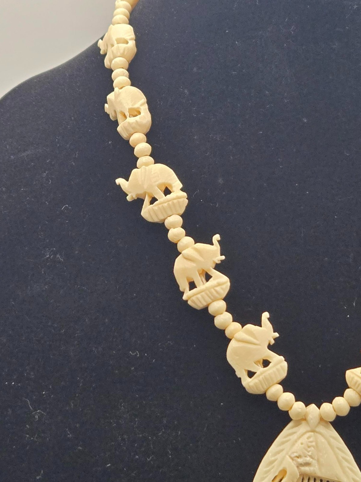 Vintage Carved Celluloid Elephant Necklace, MCM