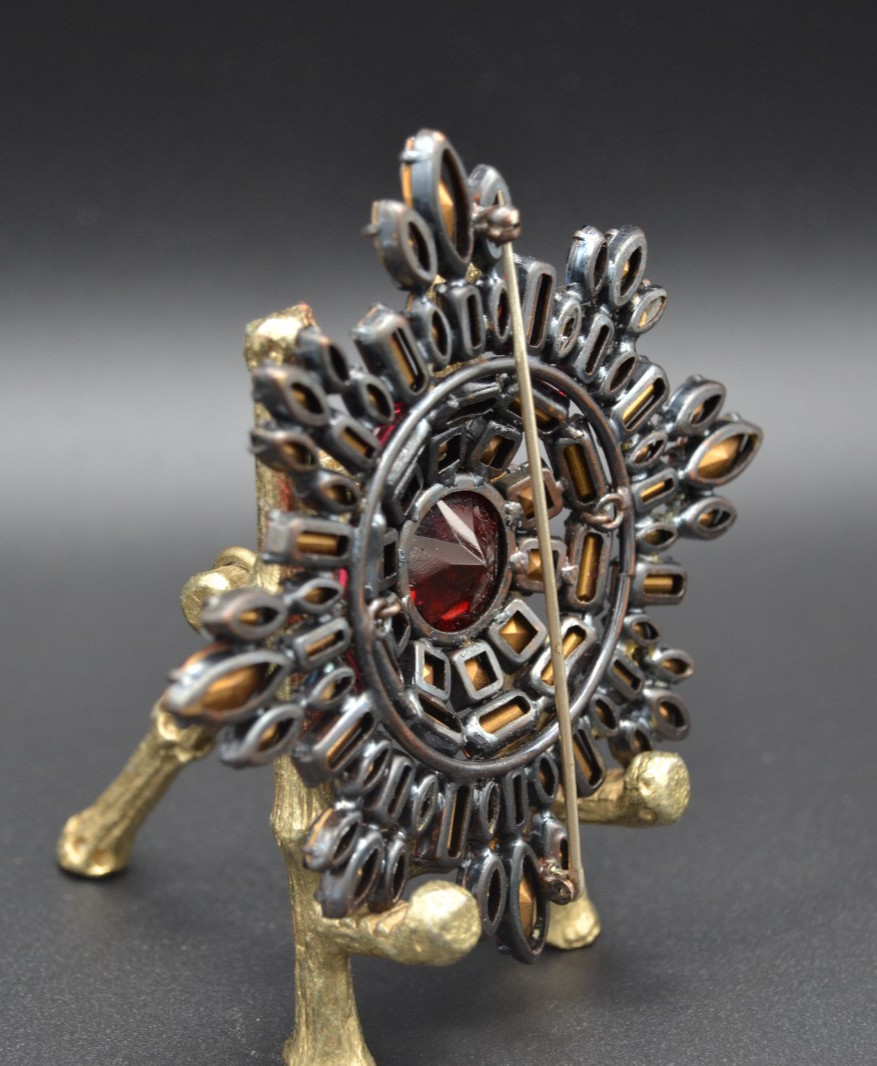 SCHREINER Maltese Cross Brooch RED/BLUE Rhinestones Unsigned Book Piece 3.5 in.