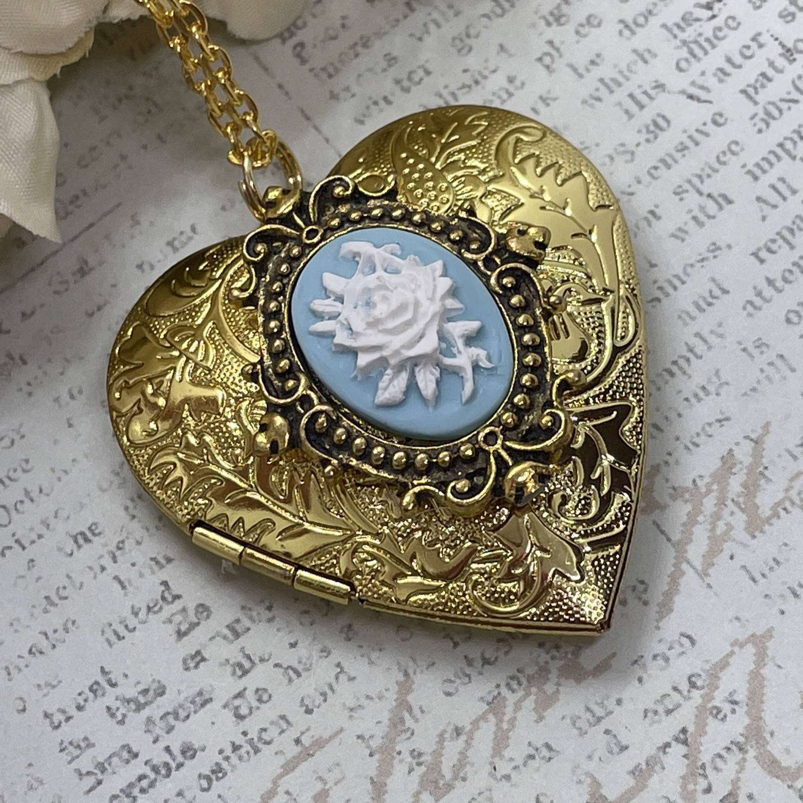 Gold Heart Locket Photo Birthday Anniversary Wedding Blue Rose Cameo Necklace