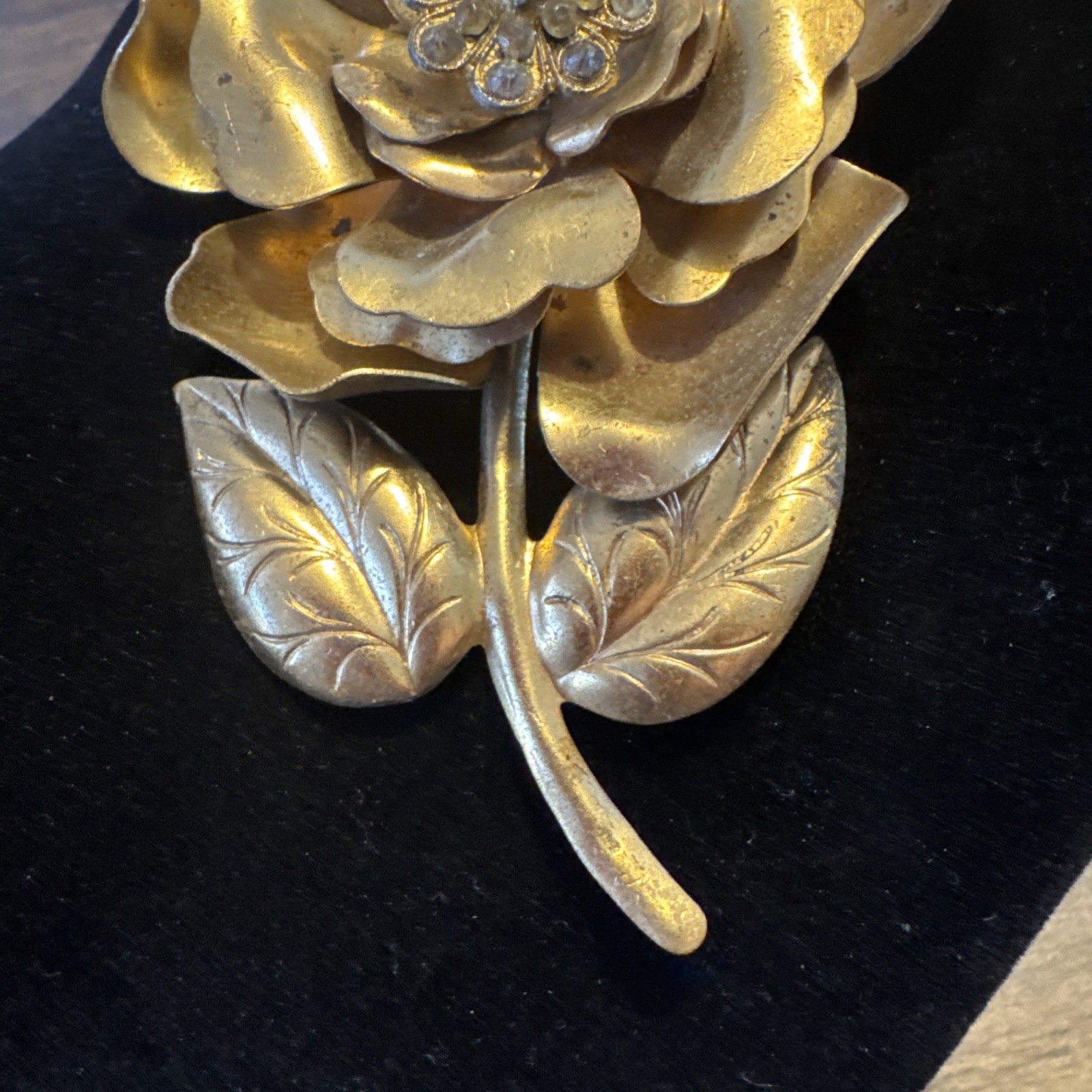 Large Gold Rose Rhinestone Center Brooch Flower 3D Statement Peony Runway 4” T