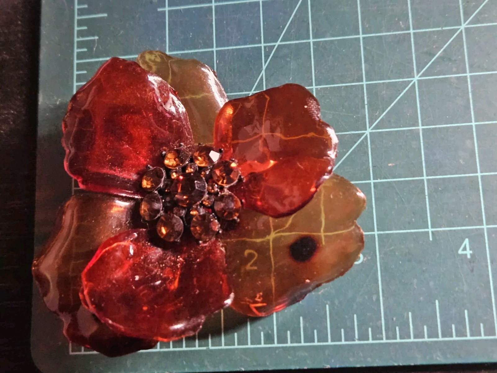 Vintage Orange Lucite Acetate Acrylic Topaz Rhinestone Flower Brooch Pin