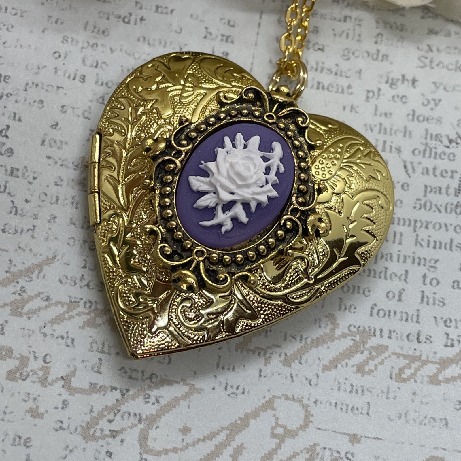 Gold Heart Locket Photo Birthday Anniversary Wedding Purple Rose Cameo Necklace