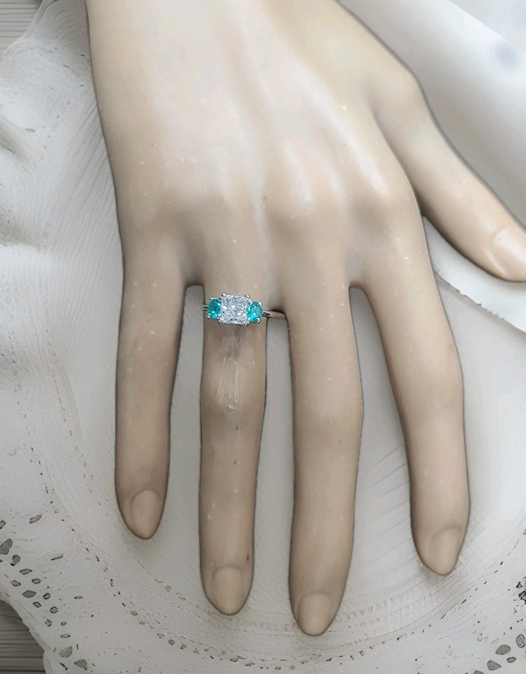 14K White Gold Engagement Three Stone Ring 1.02CT.Natural Princess Cut Diamond