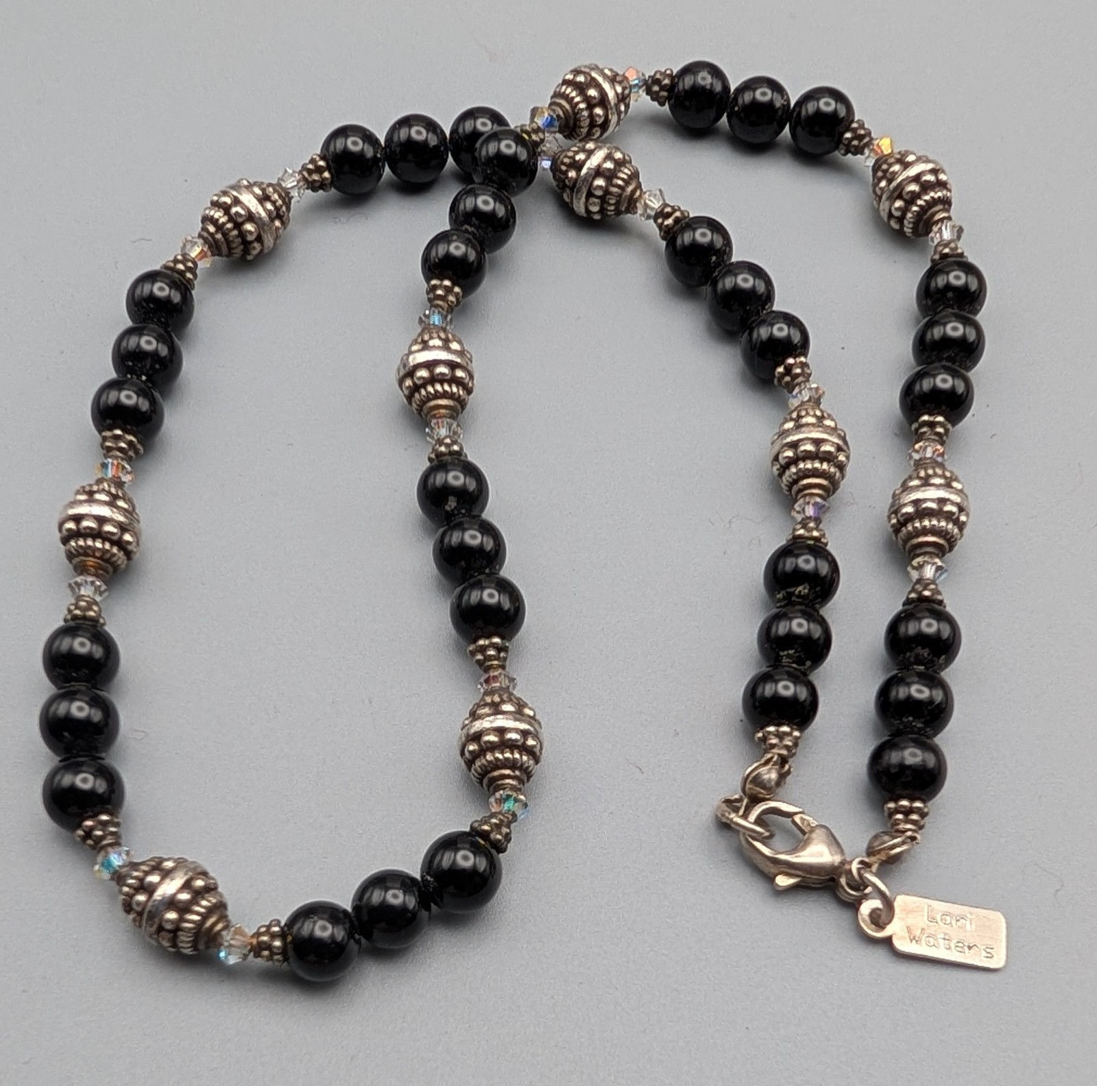Lori Waters Black Onyx Bead Necklace Sterling Look Crystal Artisan 18″ Signed