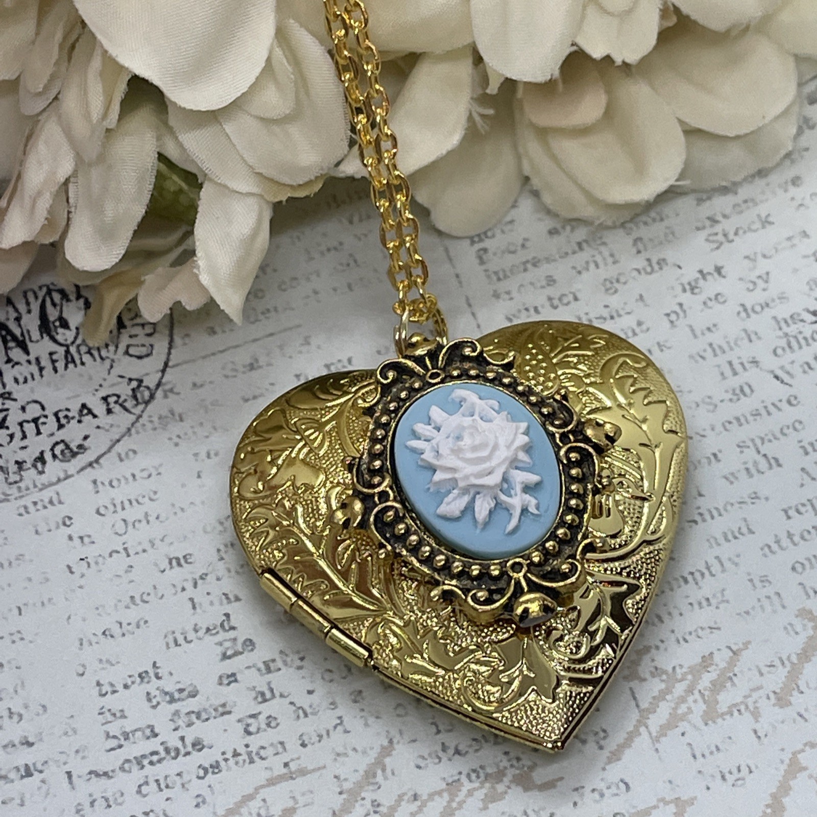Gold Heart Locket Photo Birthday Anniversary Wedding Blue Rose Cameo Necklace