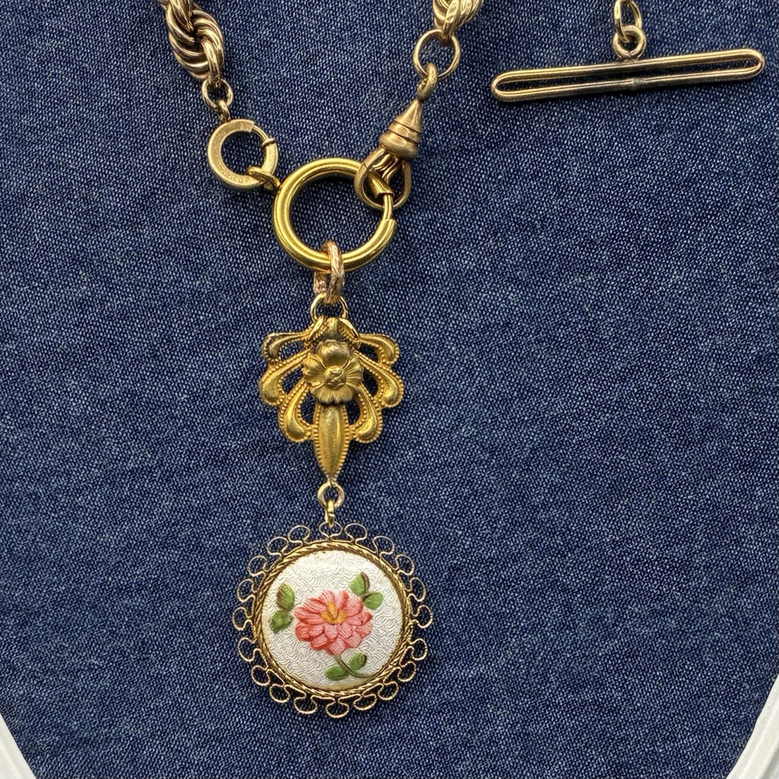 30g Vintage 12k Gold Filled Pocket Watch Chain FOB, Dog Clip T-Bar, GF Guilloche