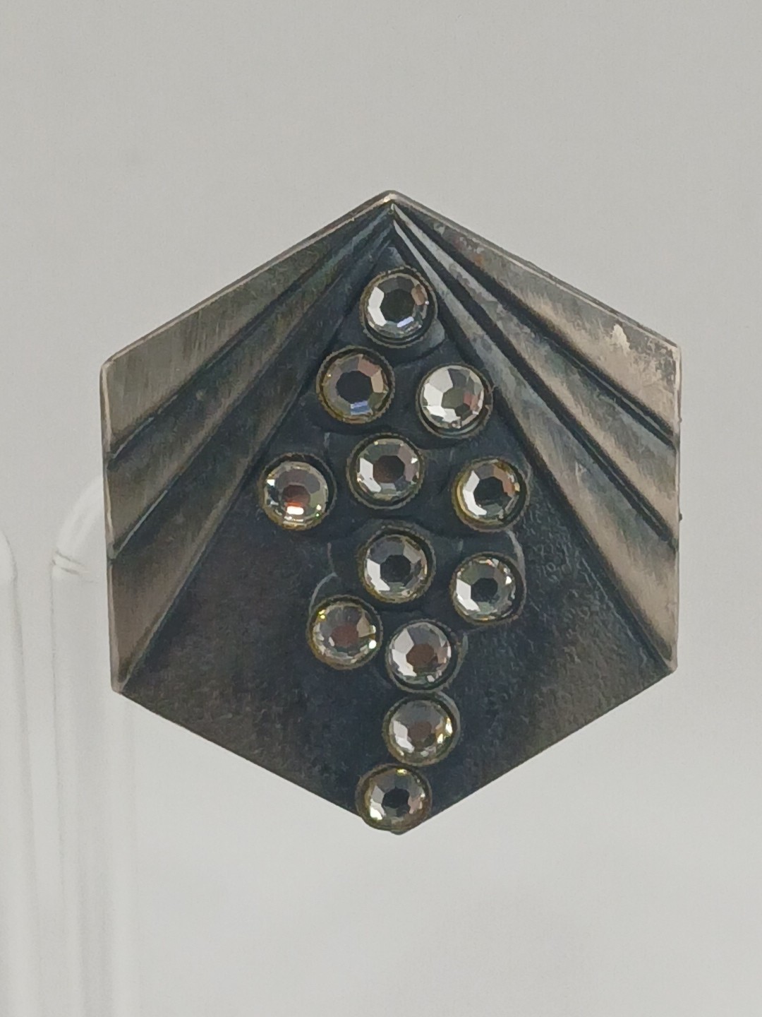 UNIQUE Gunmetal Clear Crystals MODERNIST pointed hexagon Clip-on Earrings