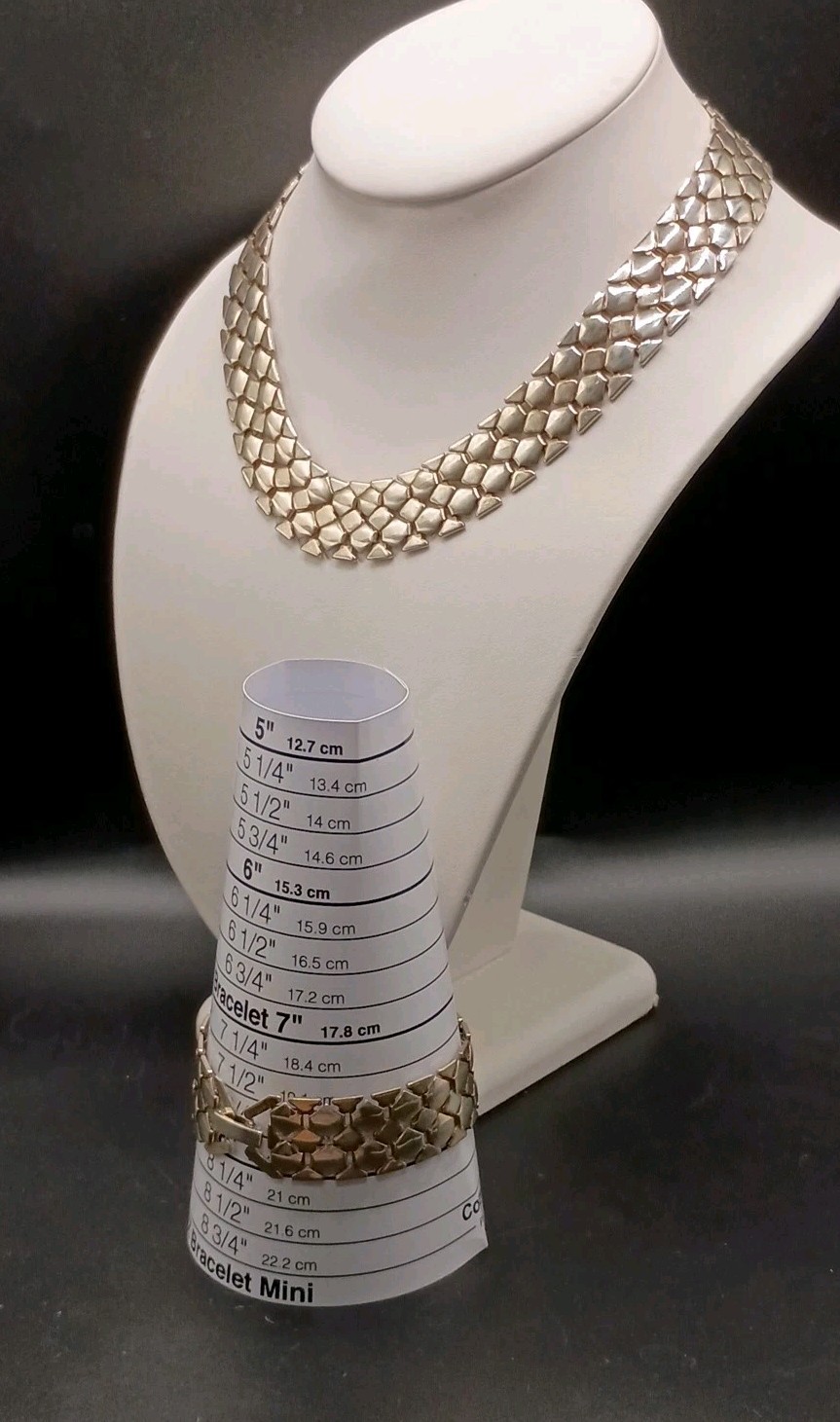 Vintage Wide Flat Mesh Link Silver Tone Choker Necklace Bracelet Set Couture
