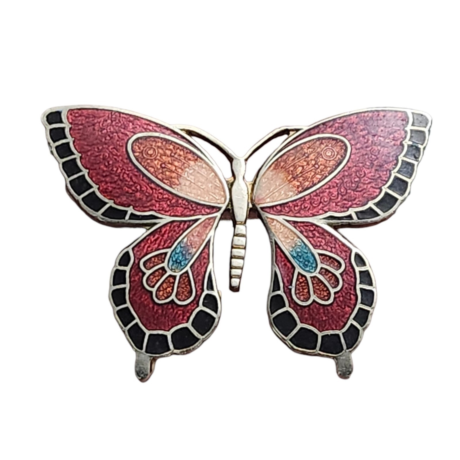 Vtg Cloisonné Butterfly Brooch Pin Red Pink Gold Tone Brass Enamel