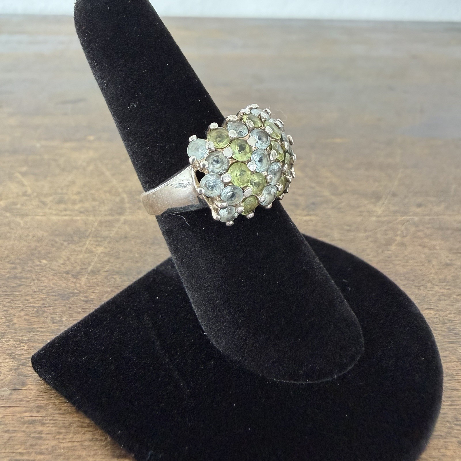 ESTATE Sterling Silver Blue Topaz Green Peridot Cluster Ring Size 6.75 READ