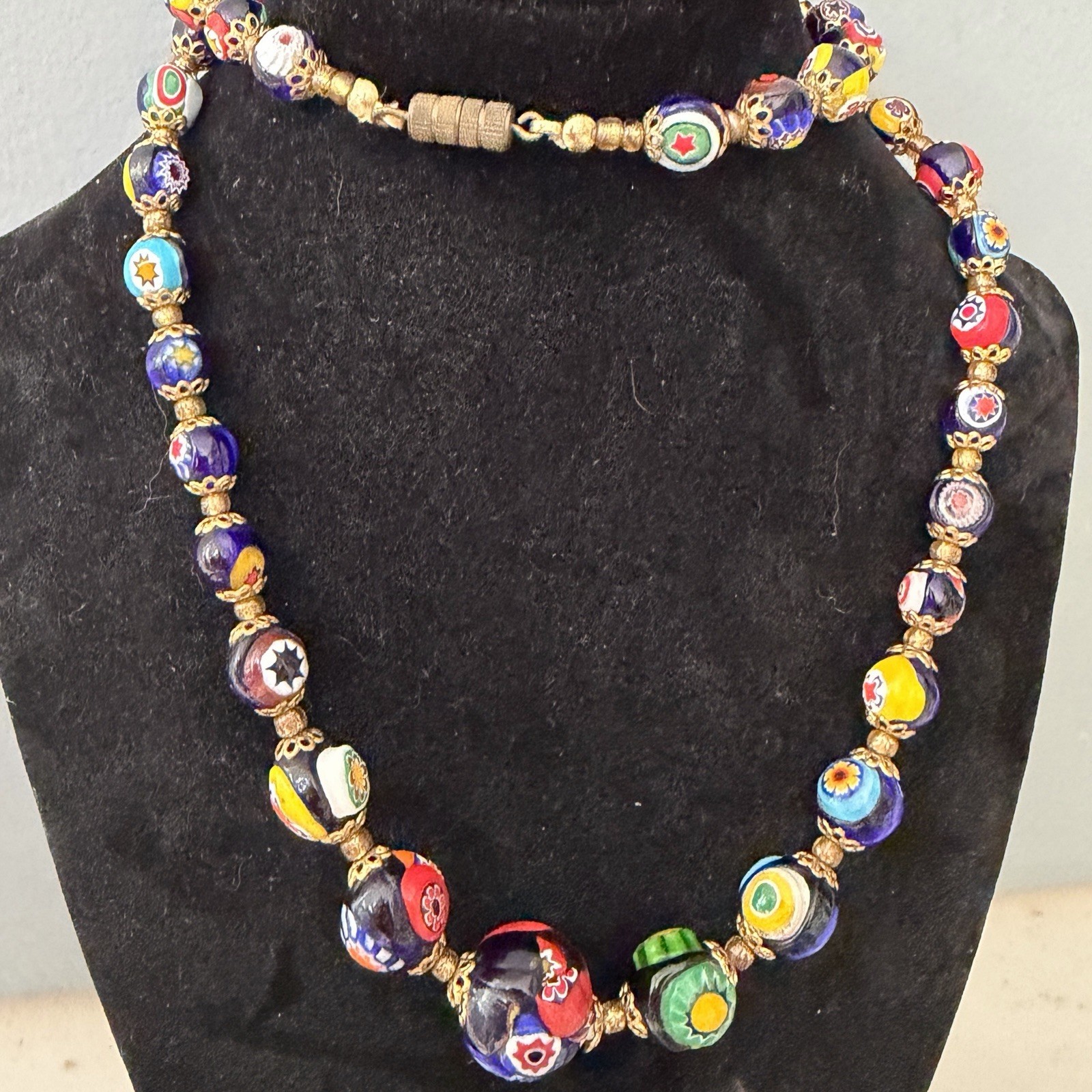 Vtg Italy Venetian Murano Millefiori Knotted Graduated Glass Bead Necklace 25 In