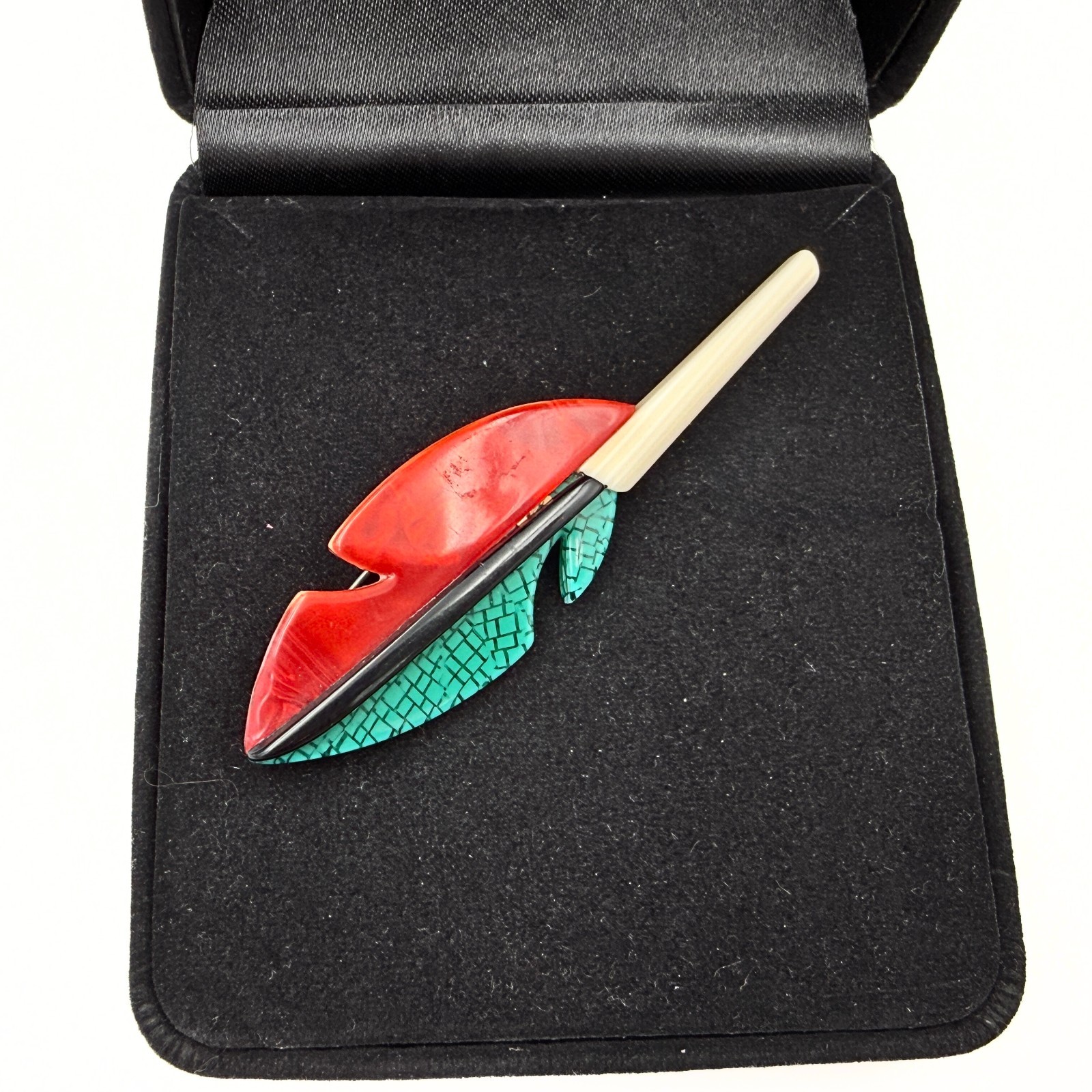 Lea Stein Marked Paris Green Red Acetate Celluloid Feather Brooch
