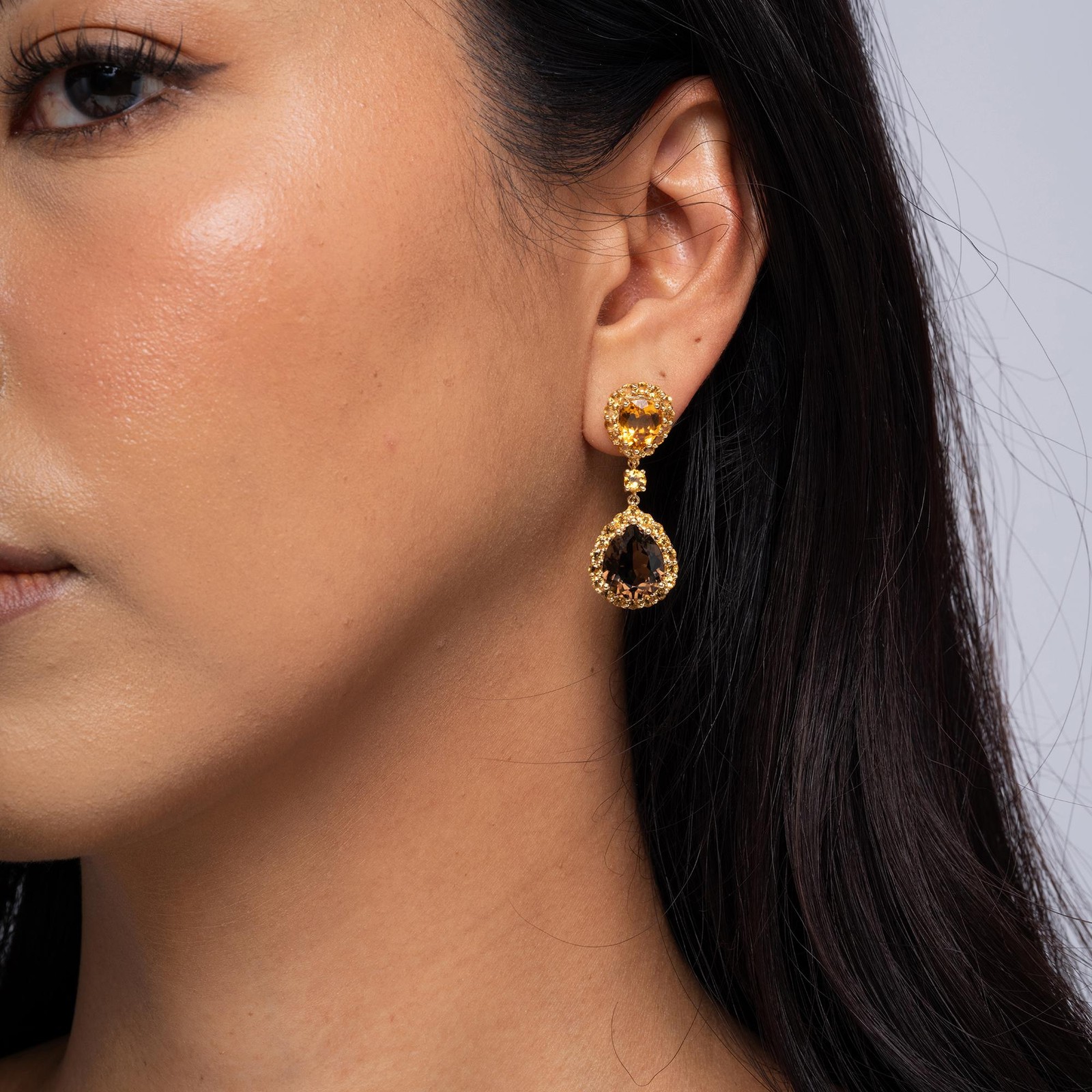 Vintage Mid Century Smoky Quartz & Citrine Double Drop Estate Earrings