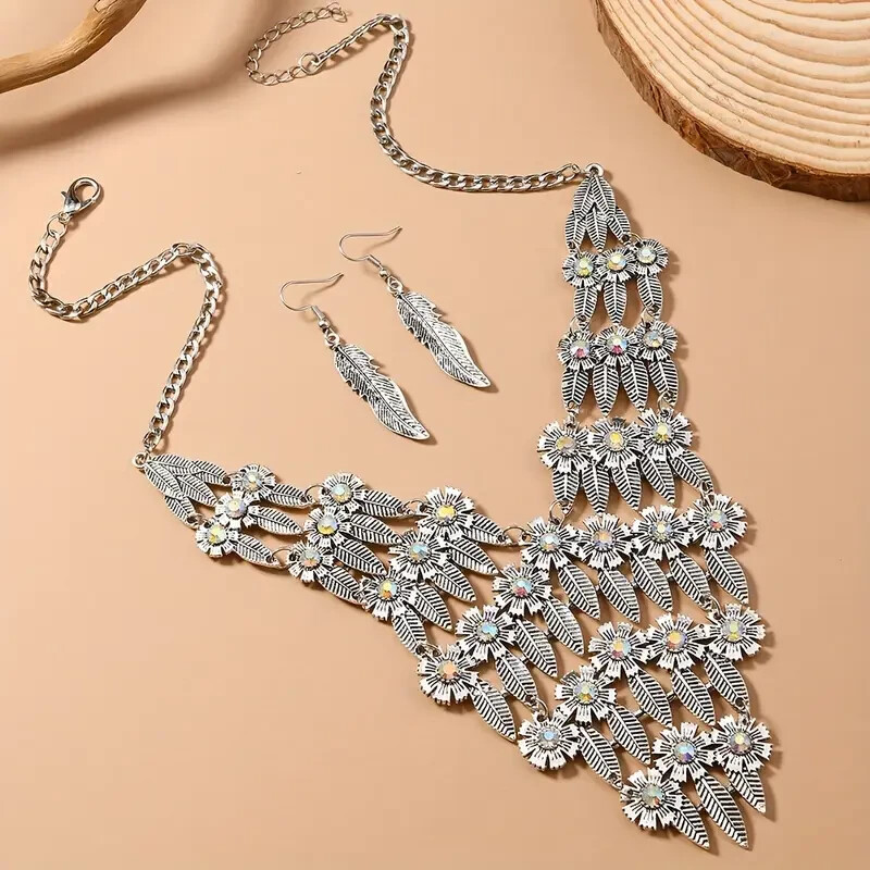 Silver Tone Leaf Crystals Accent Dangle Necklace Earrings Set