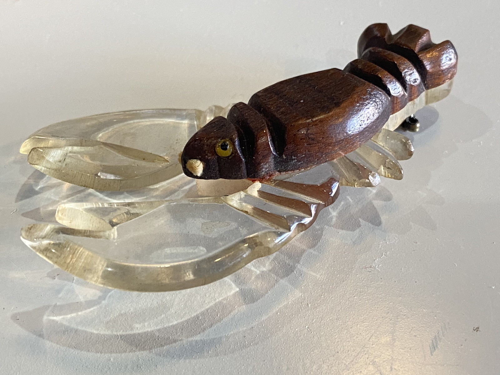 Vintage WWII Era Lucite Wood Lobster Figural Brooch Wartime Novelty Pin 1940s