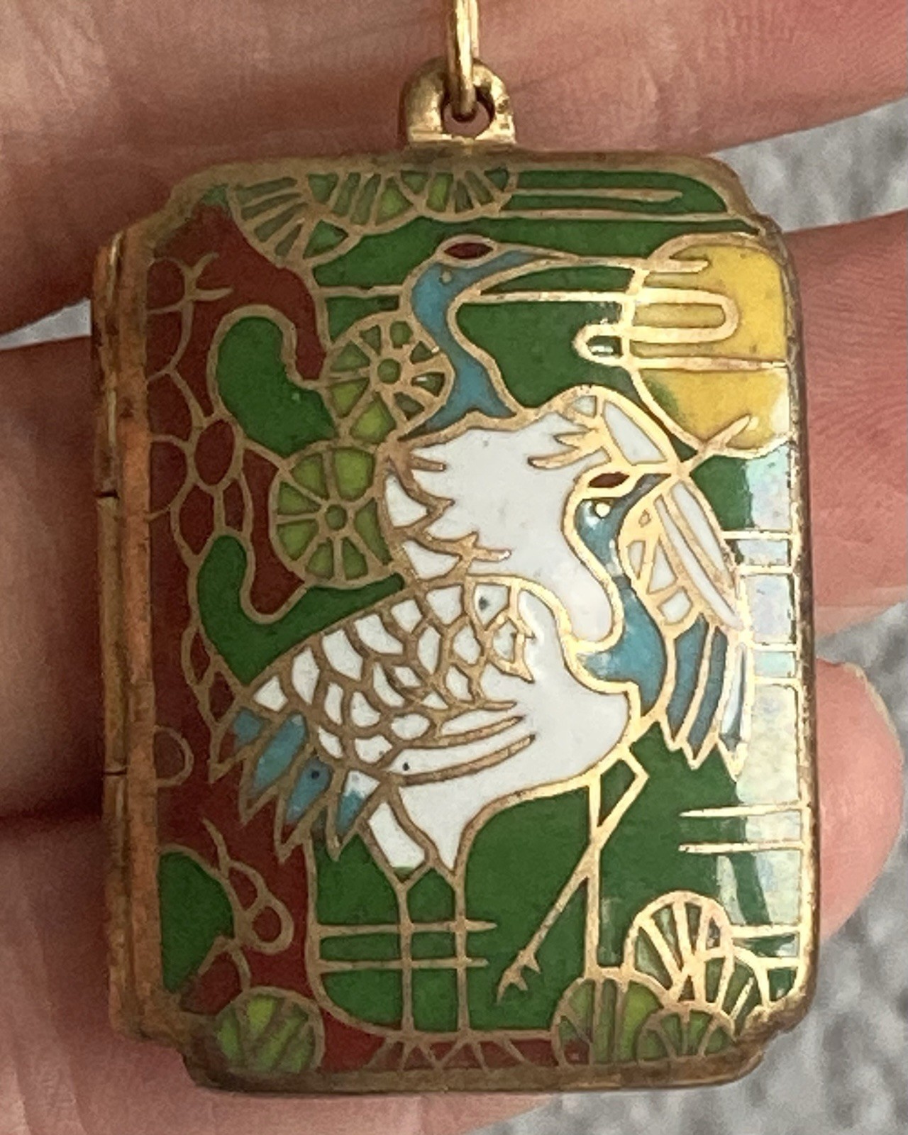 vintage cloisonne Locket Pendant trinket container necklace Stork Charm Heavy