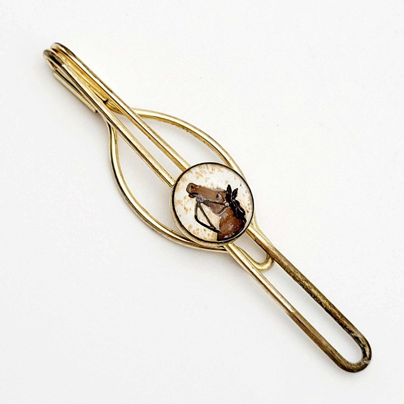 Horse Equestrian Western Reverse Painted Cameo Gold Tone Tie Clasp Bar Clip Worn