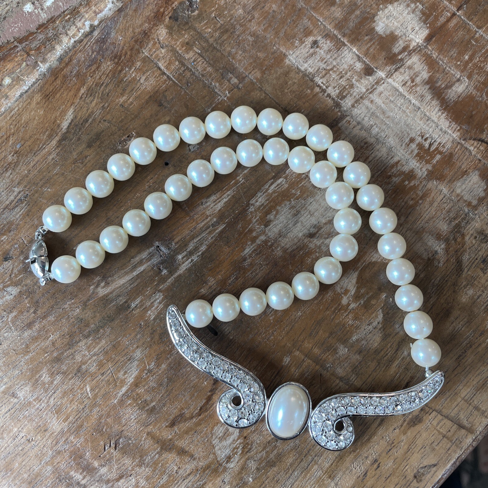 VTG Classic MONET Silver tone Necklace Choker faux pearl & rhinestones Wedding