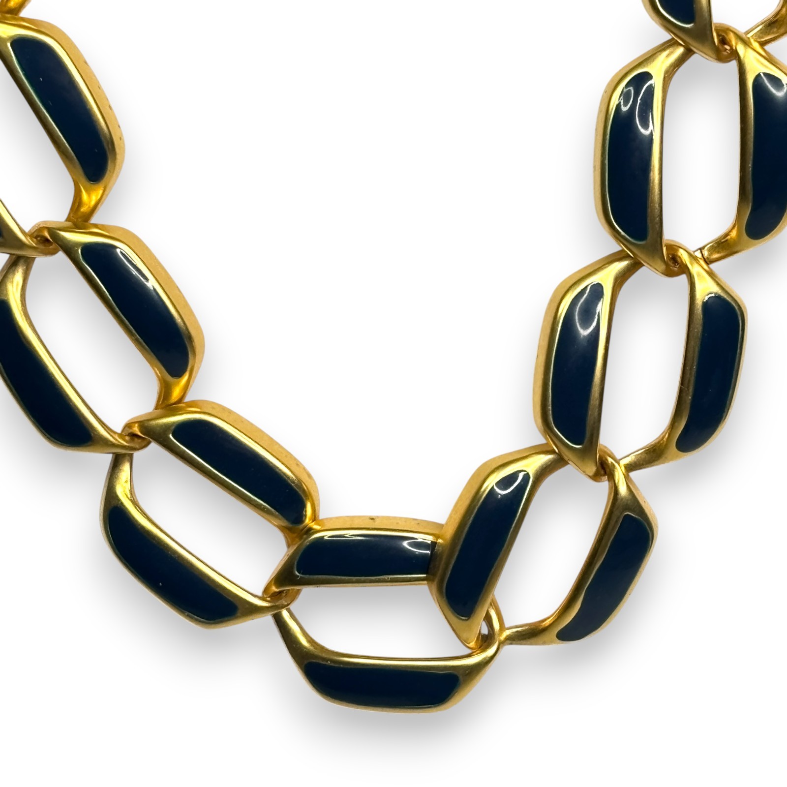 1980s Gold-Tone Navy Enamel Chunky Oversize Link Necklace 16″ Fold-Over Clasp