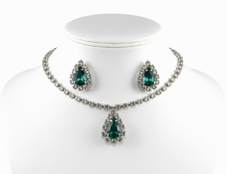 Vintage Rhinestone Choker Neckace/Earrings Set Green Teardrop Silver Tone Bridal