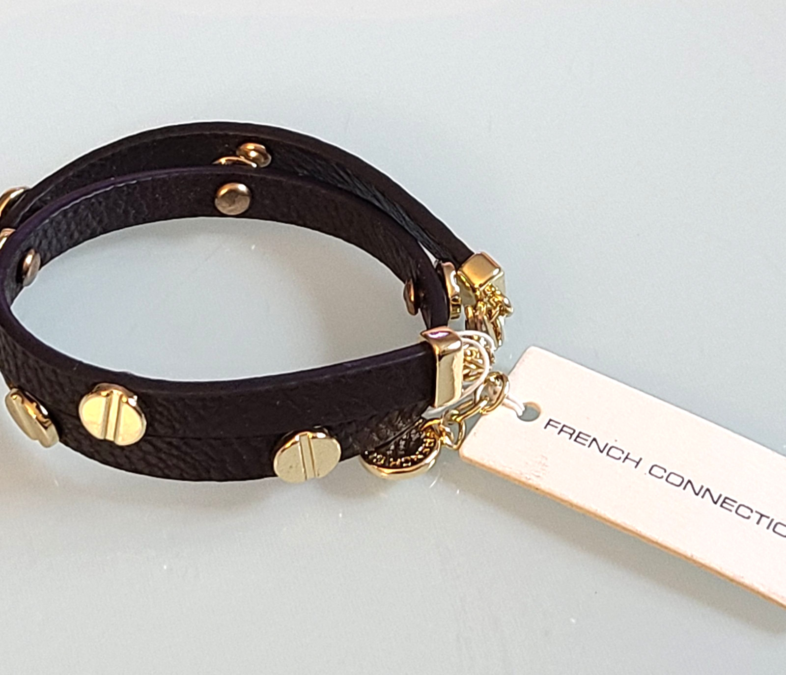 French Connection Double Wrap Bracelet Black Pebble Grain Gold Screw Studs NWT 1