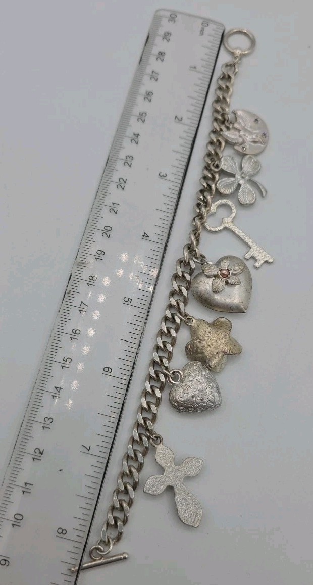 Vintage Silver Tone Chunky Charm Bracelet Heart Key Clover 8″ Cross Love Luck