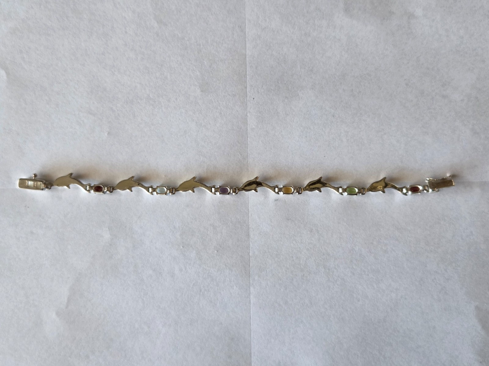 Sterling Silver Vintage 925 Dolphin Link Multi-Stone Bracelet