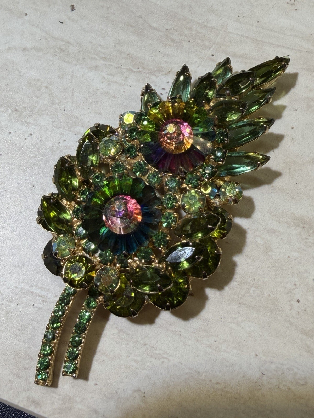Vintage Juliana DeLizza Elster Green Rhinestone Floral Brooch Watermelon Rivoli