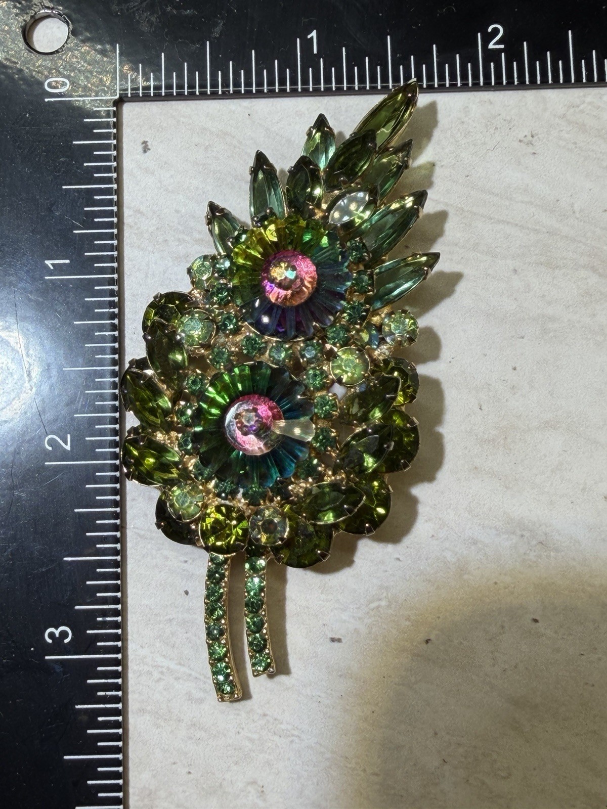 Vintage Juliana DeLizza Elster Green Rhinestone Floral Brooch Watermelon Rivoli