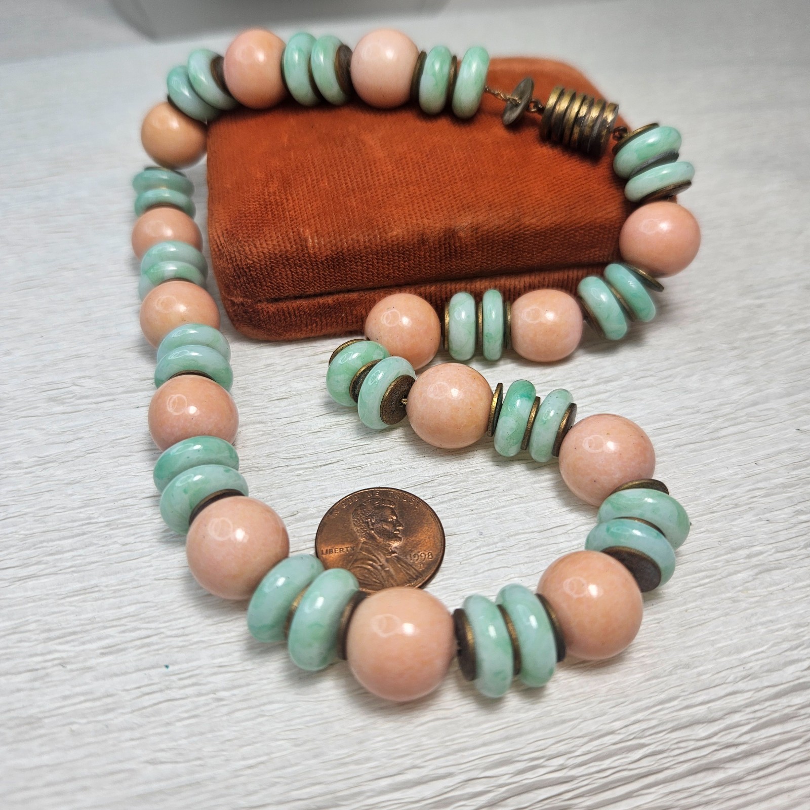 Confirmed ROUSSELET Peach & UV Marbled Green w Brass Discs Glass Bead Necklace