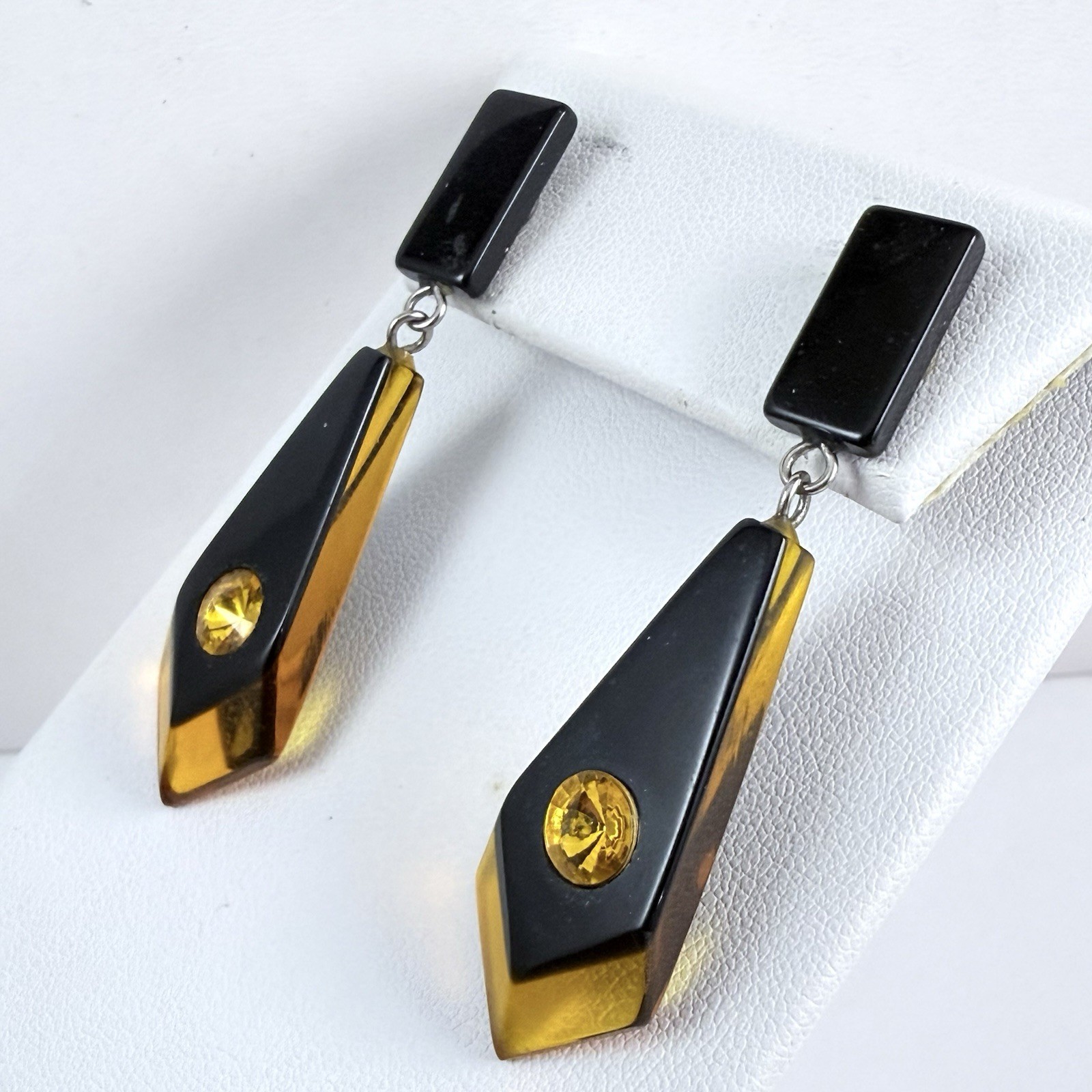 Vintage Black & Golden Color Lucite Rhinestone Dangle Pierced Earrings