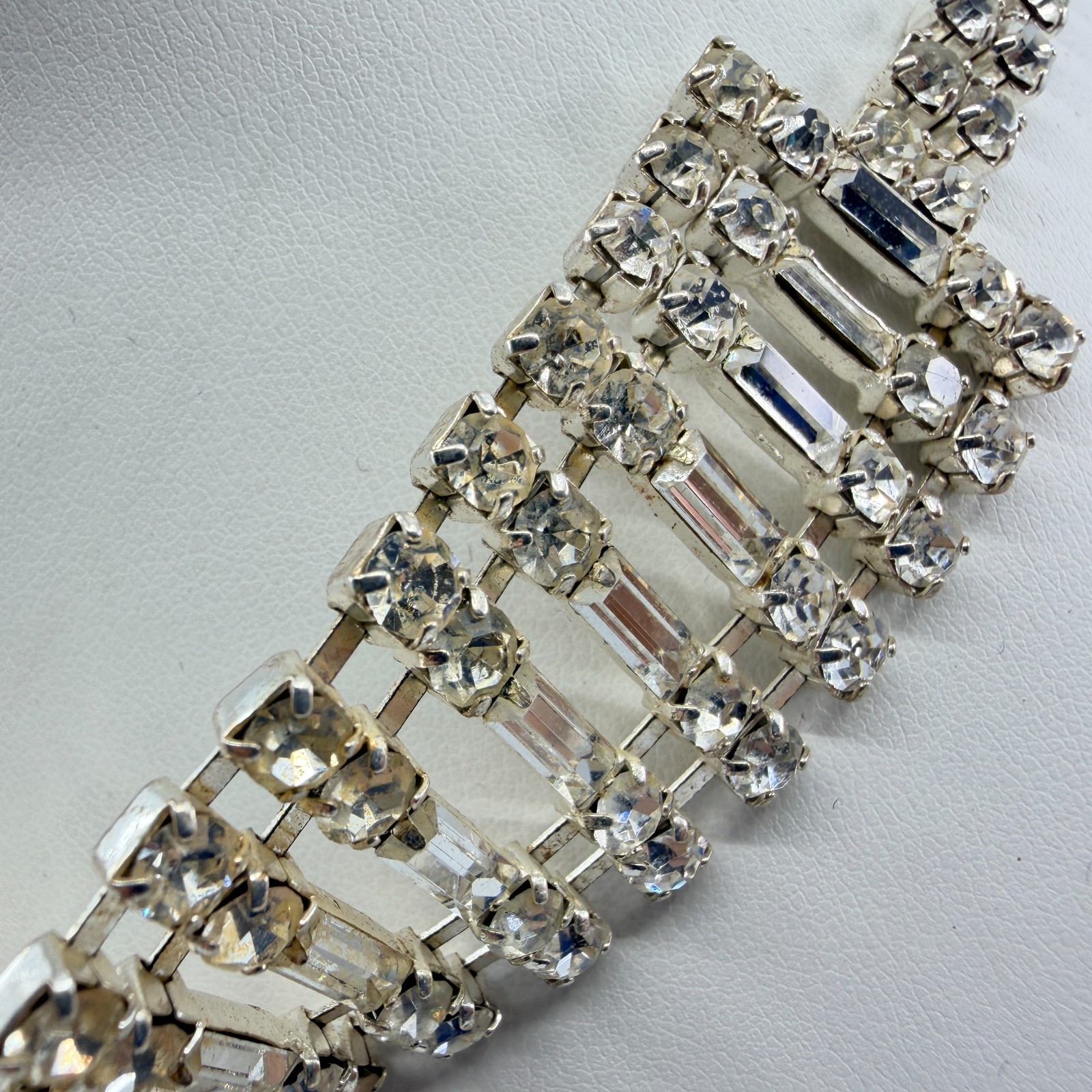 Vintage Mid Century Clear Rhinestone Baguette Choker Necklace Silver Tone Wide