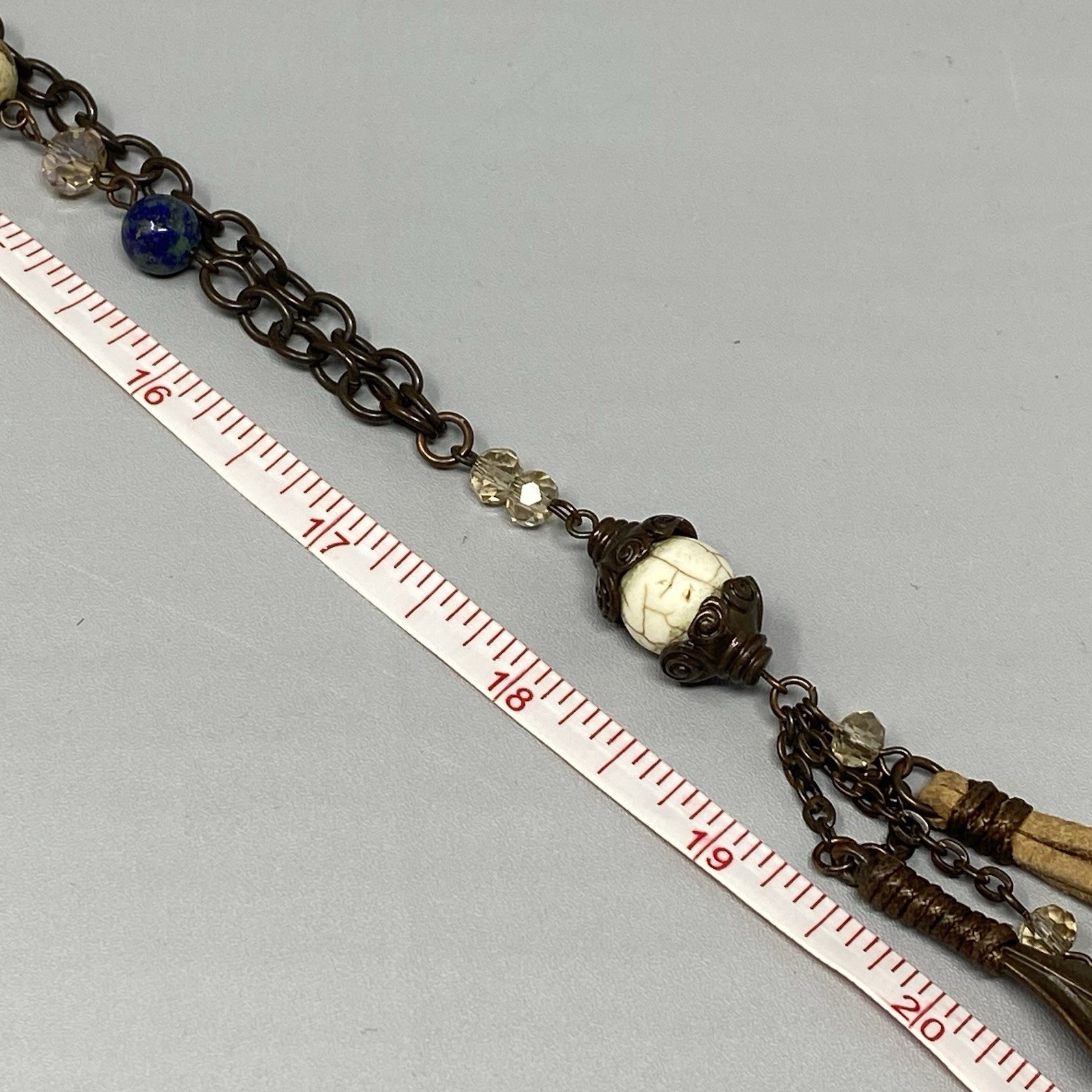 Bohemian Tassel Pendant Necklace Designer Assorted Gemstones Brown Chain 36″