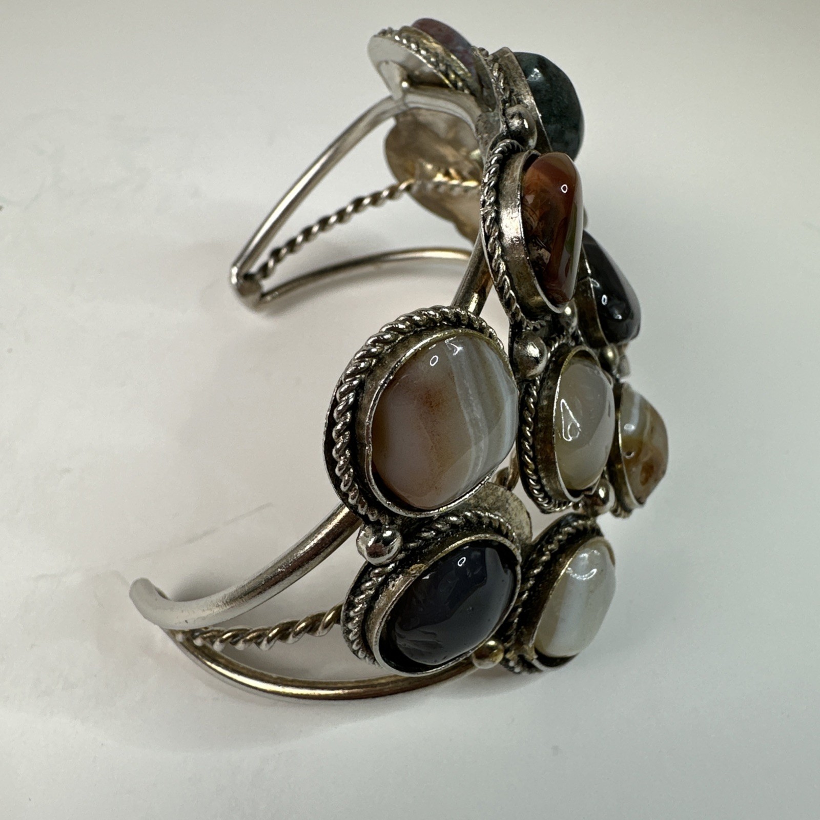 Vintage Multi Stone Agate Cuff Bracelet Silver Tone Cluster Boho Artisan