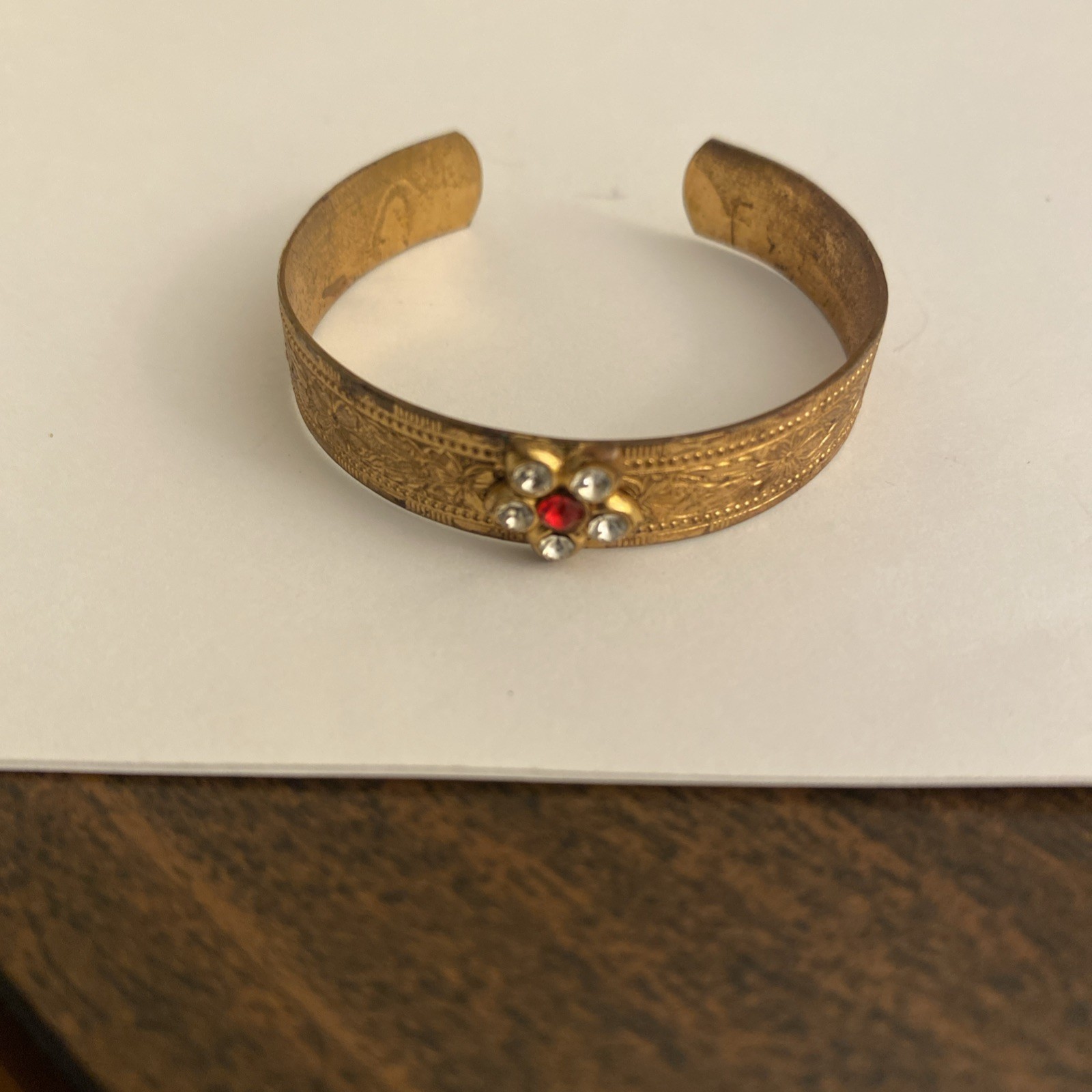 Vintage Gold Tone Engraved Cuff Bracelet With Red & Clear Gemstones