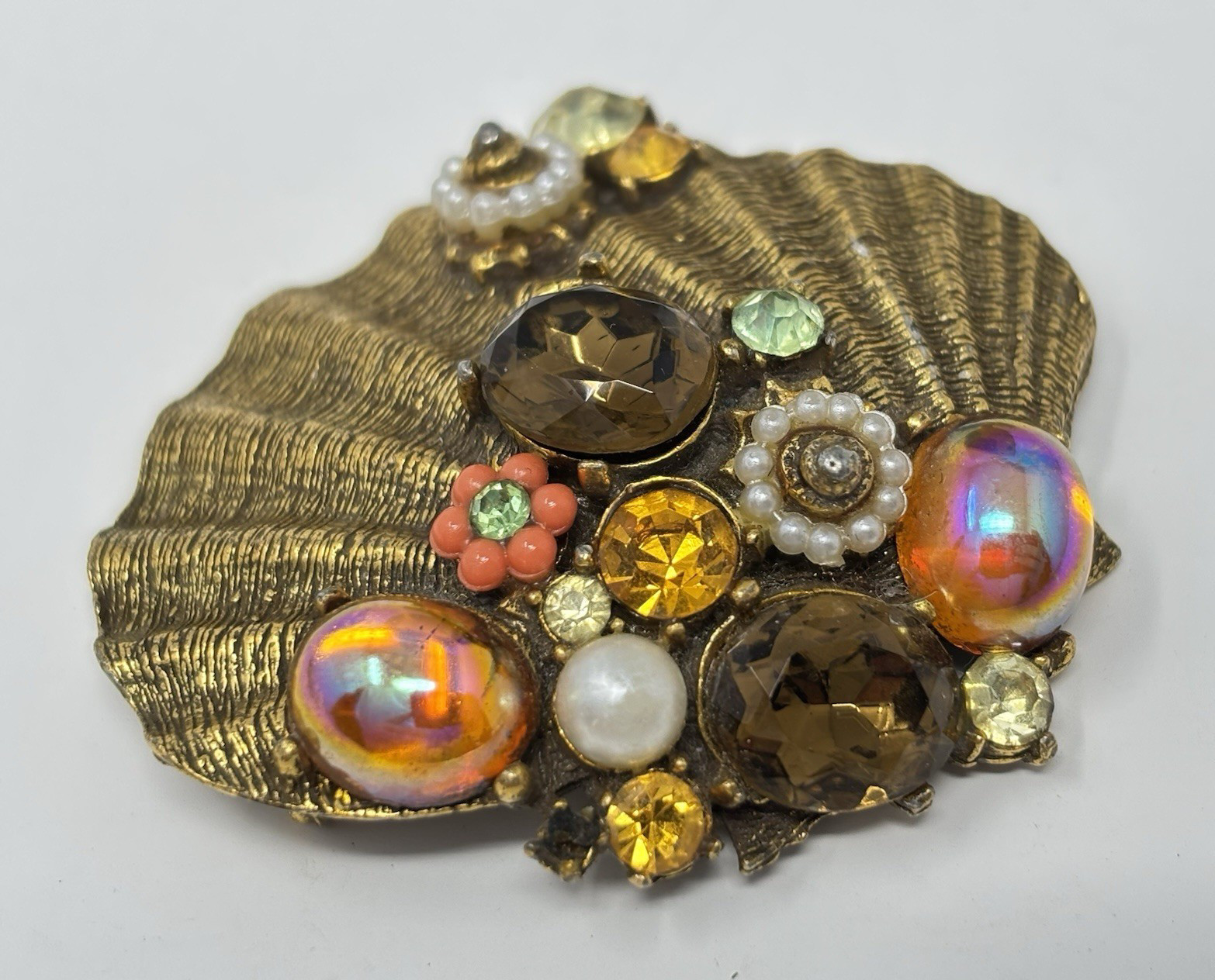 Unsigned ART Arthur Pepper Mermaid Crystal Rhinestone Sea Shell Brooch Pin Beach